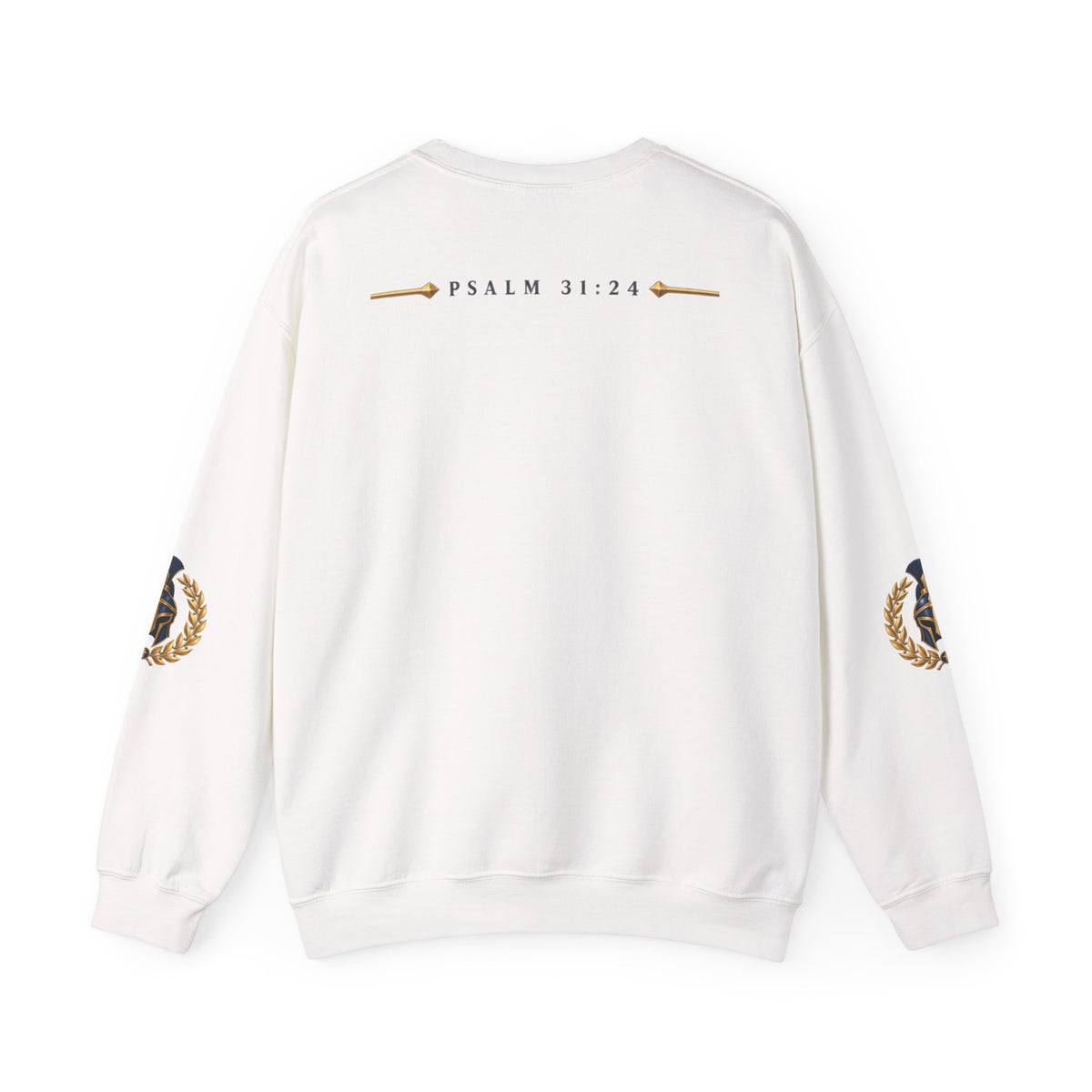 Crewneck Sweatshirt — "Be Strong and Take Heart" Psalm 31:24 Spartan Helmet Design