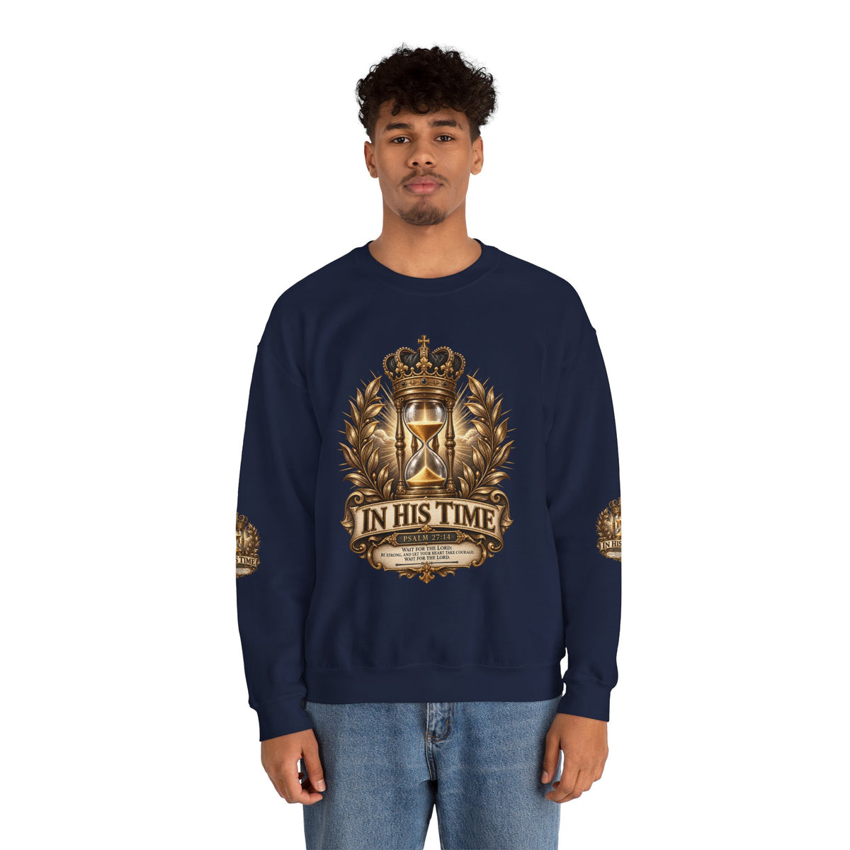 In His Time Crewneck Sweatshirt – Inspirational Christian Scripture Hourglass Design