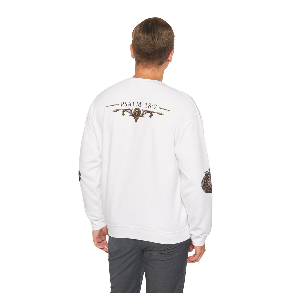 Strength Lion Crewneck Sweatshirt — Psalm 28:7 Inspirational Pullover