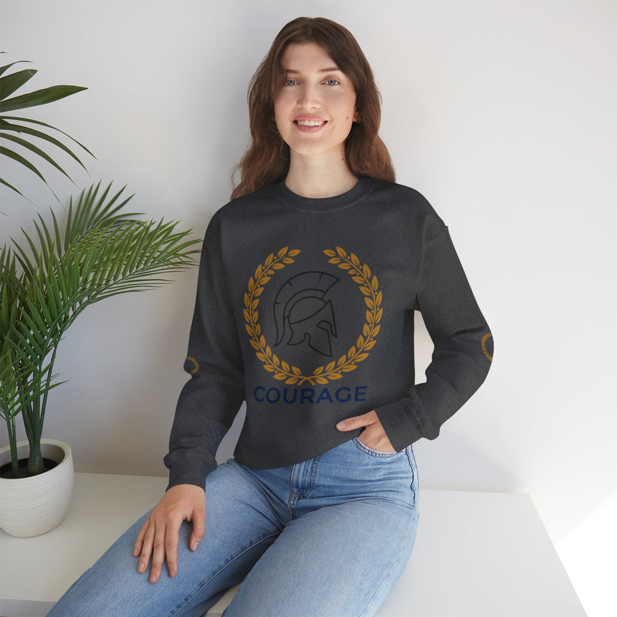 Courage Spartan Helmet Crewneck Sweatshirt — "Courage" with Laurel & Psalm 121:1-2