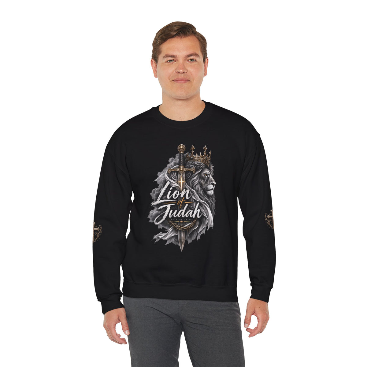 Lion of Judah Sweatshirt — Christian Lion Crewneck with Crown & Ichthys Back