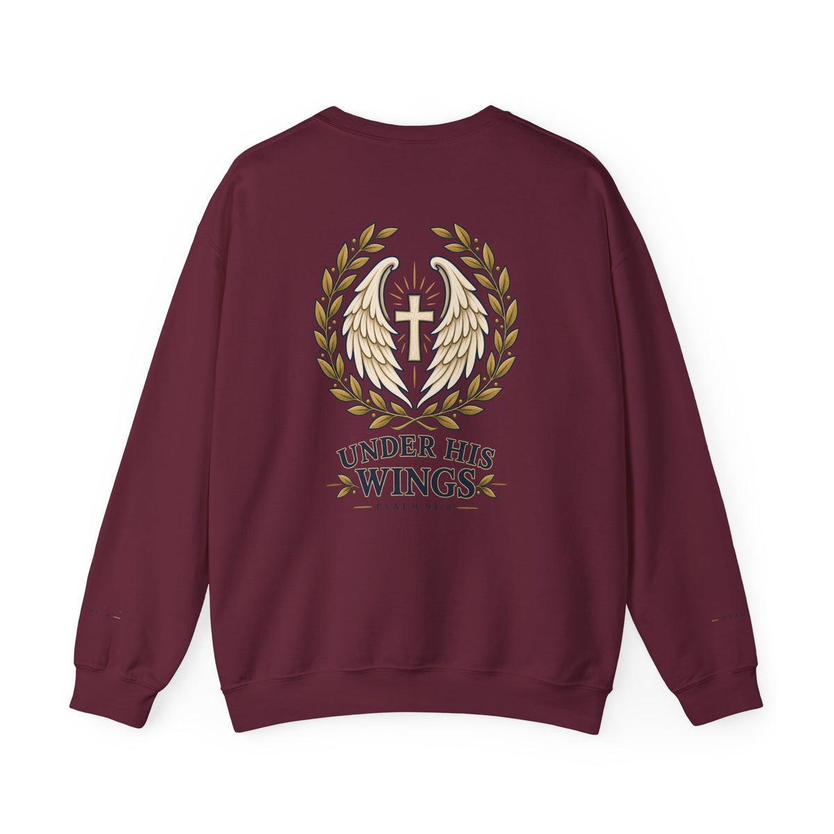 Under His Wings Crewneck Sweatshirt — Christian Cross & Angel Wings Psalm Design