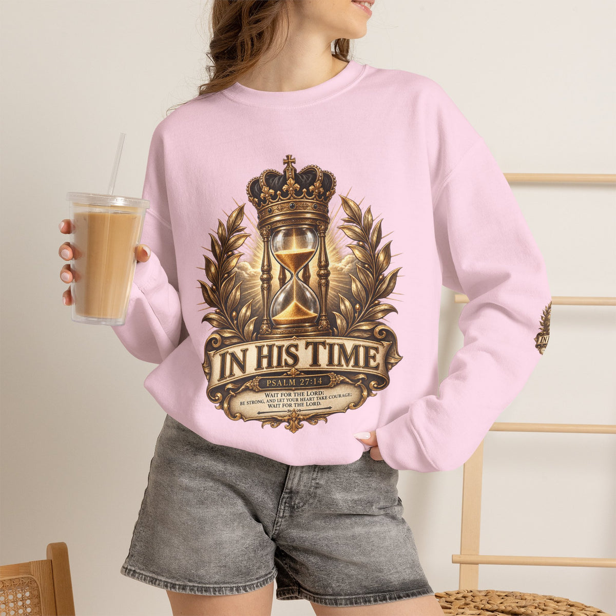 In His Time Crewneck Sweatshirt – Inspirational Christian Scripture Hourglass Design
