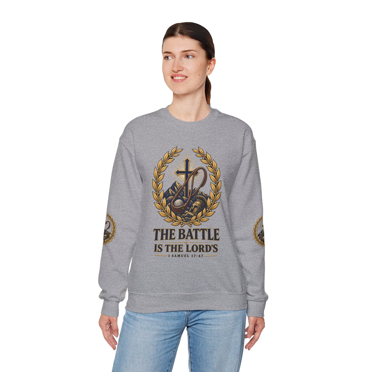 Religious Crewneck Sweatshirt — "The Battle Is The Lord's" (1 Samuel 17:47)