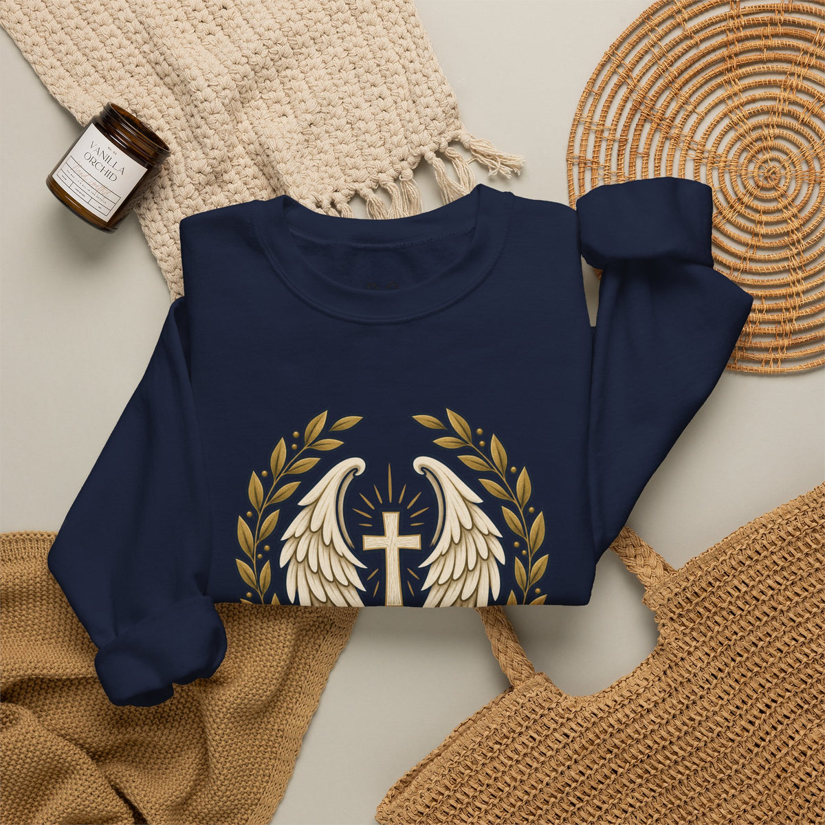 Under His Wings Crewneck Sweatshirt — Christian Cross & Angel Wings Psalm Design