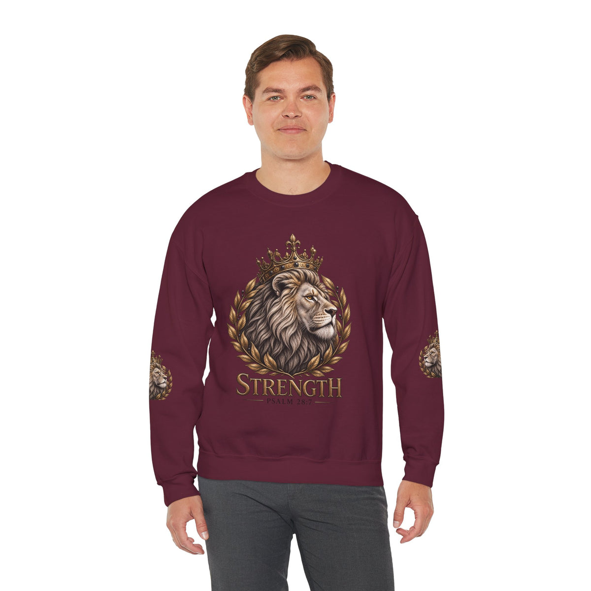 Strength Lion Crewneck Sweatshirt — Psalm 28:7 Inspirational Pullover