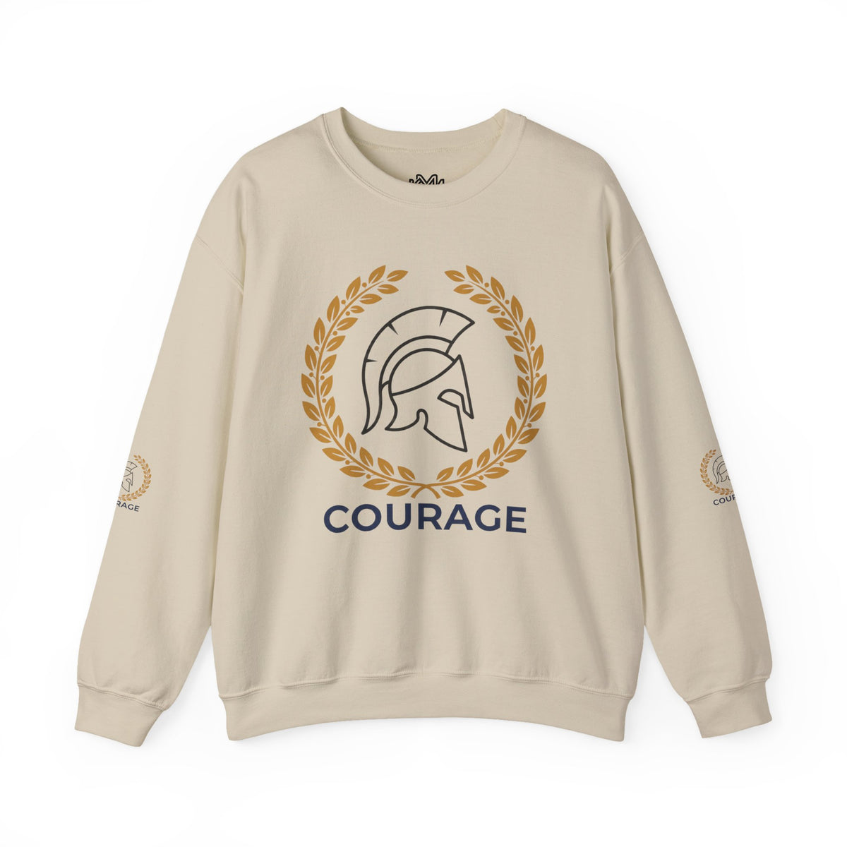 Courage Spartan Helmet Crewneck Sweatshirt — "Courage" with Laurel & Psalm 121:1-2