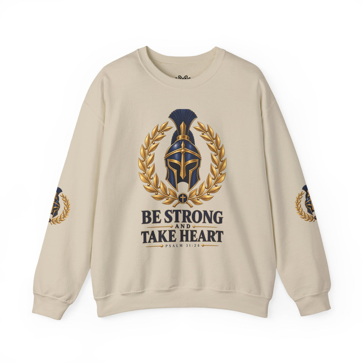 Crewneck Sweatshirt — "Be Strong and Take Heart" Psalm 31:24 Spartan Helmet Design