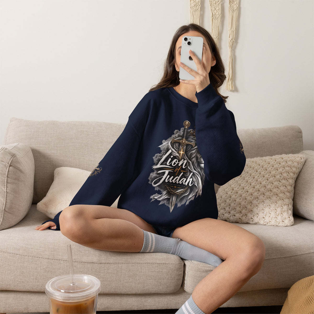 Lion of Judah Sweatshirt — Christian Lion Crewneck with Crown & Ichthys Back