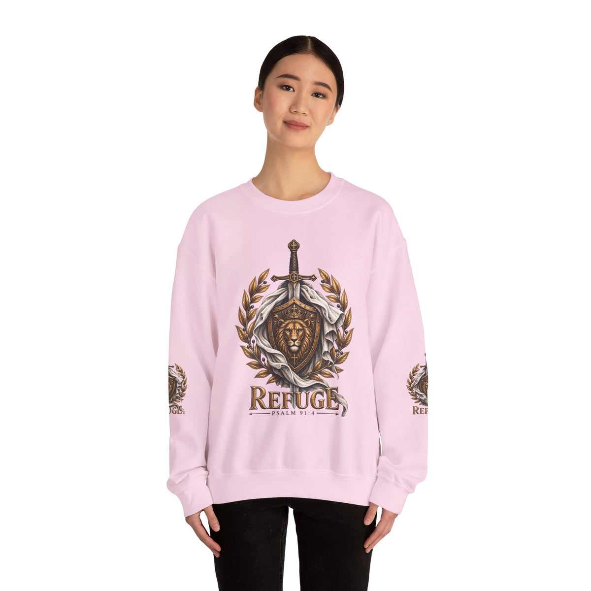 Crewneck Sweatshirt — 'Refuge' Lion & Sword Psalm 91:4 Christian Pullover