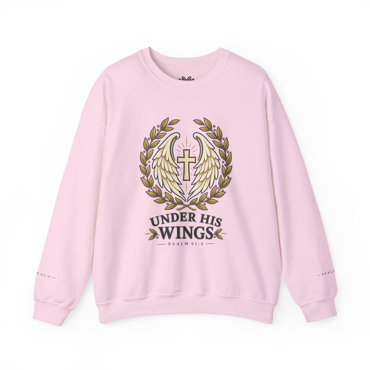 Under His Wings Crewneck Sweatshirt — Christian Cross & Angel Wings Psalm Design