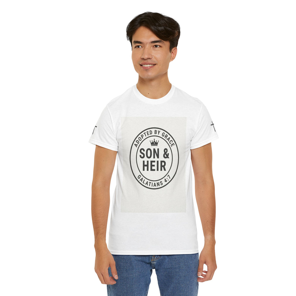 Christian Son & Heir T-Shirt — 'Adopted by Grace' Faith Tee with Jesus Prayer Design
