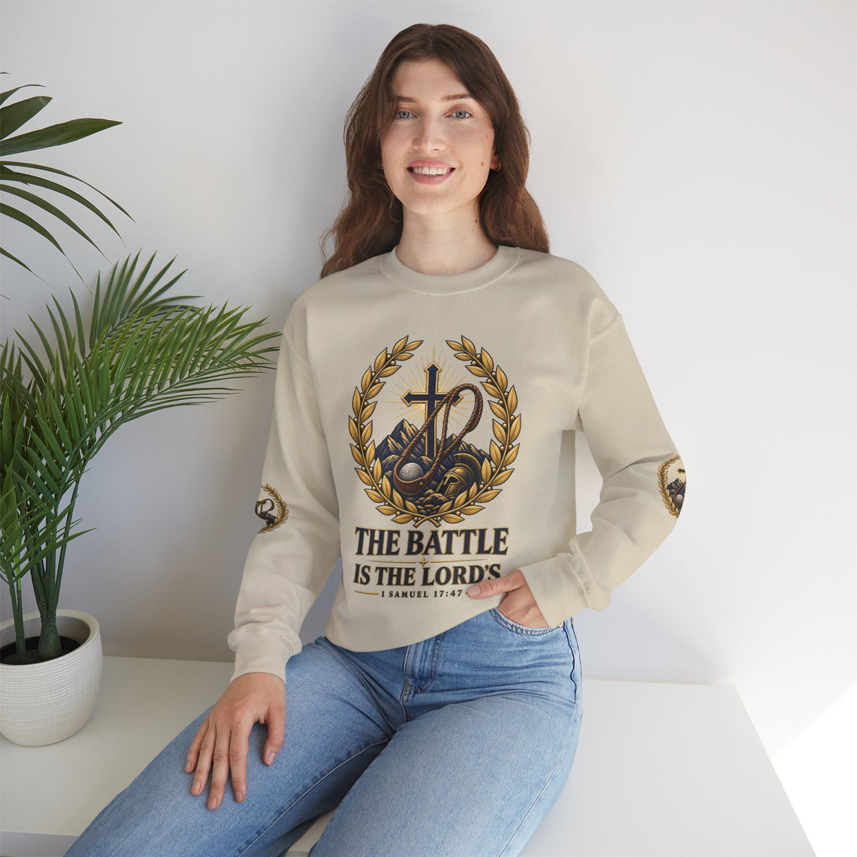 Religious Crewneck Sweatshirt — "The Battle Is The Lord's" (1 Samuel 17:47)