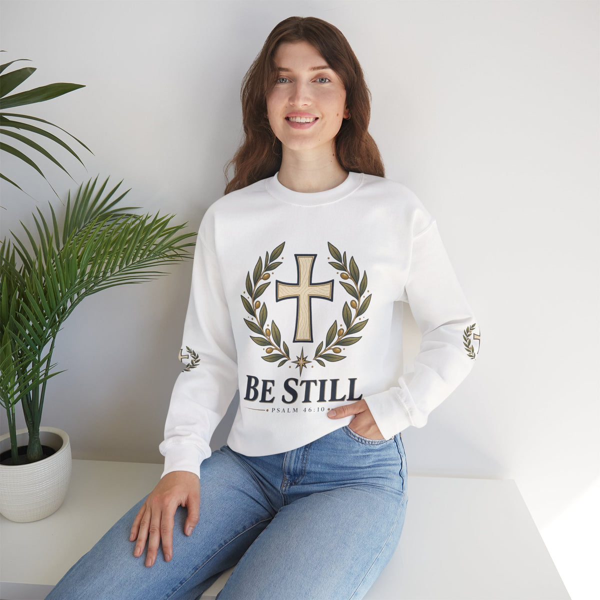 Crewneck Sweatshirt — "Be Still" Psalm 46:10 Christian Cross Design