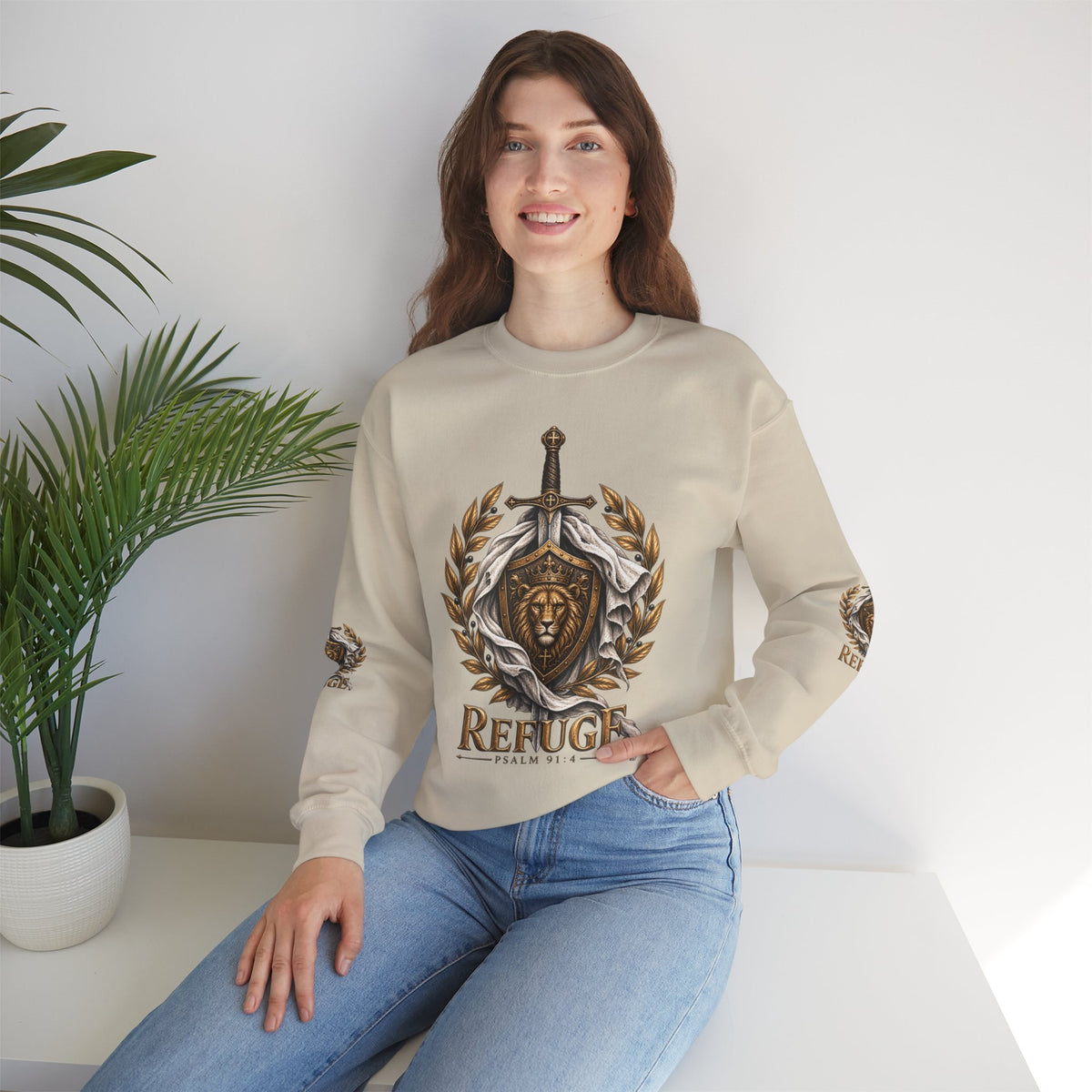 Crewneck Sweatshirt — 'Refuge' Lion & Sword Psalm 91:4 Christian Pullover