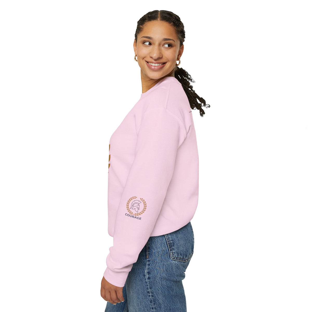 Courage Spartan Helmet Crewneck Sweatshirt — "Courage" with Laurel & Psalm 121:1-2