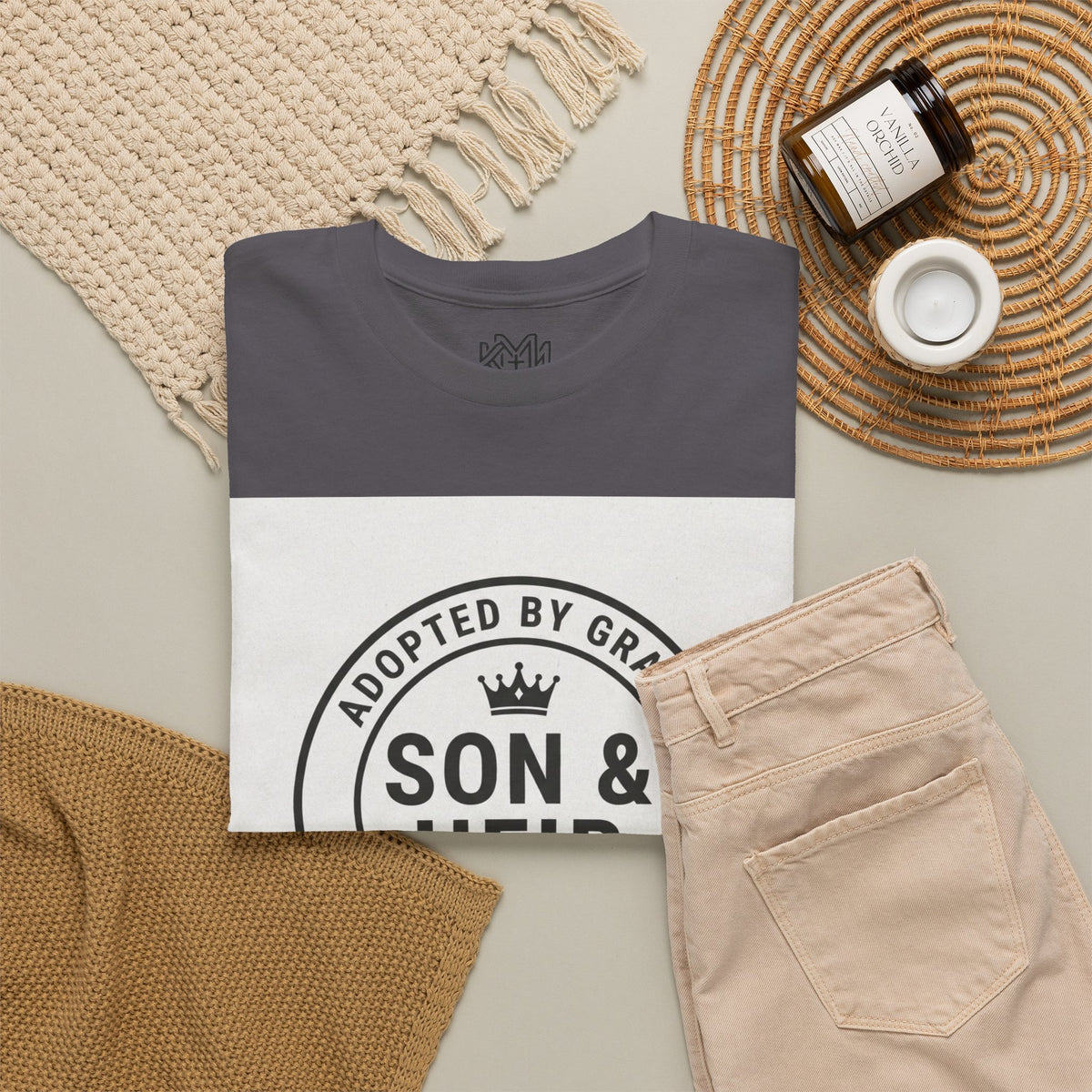Christian Son & Heir T-Shirt — 'Adopted by Grace' Faith Tee with Jesus Prayer Design