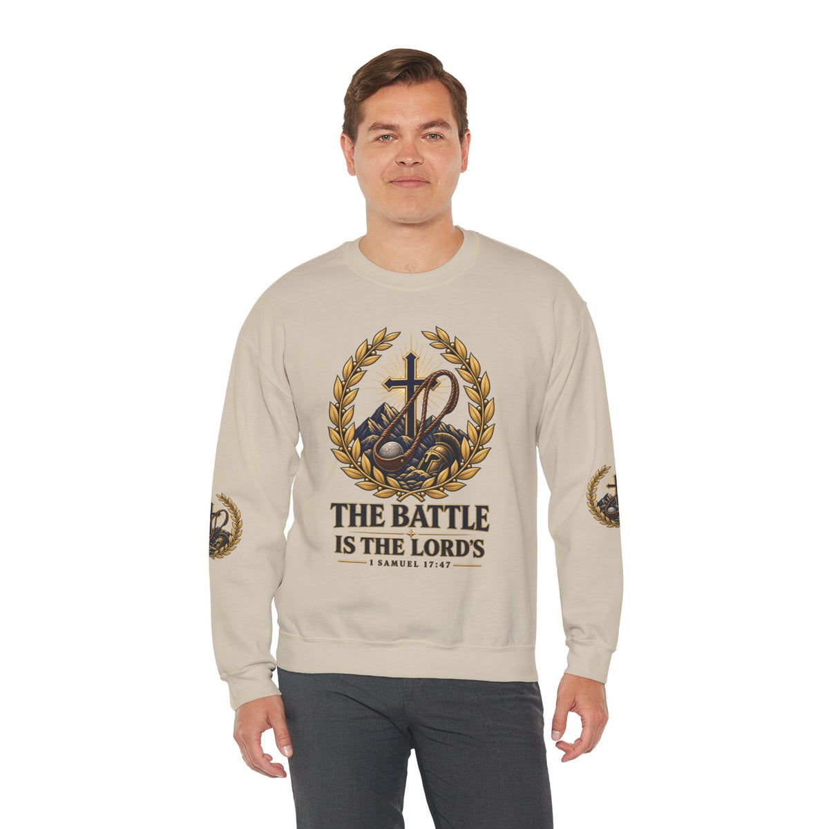 Religious Crewneck Sweatshirt — "The Battle Is The Lord's" (1 Samuel 17:47)