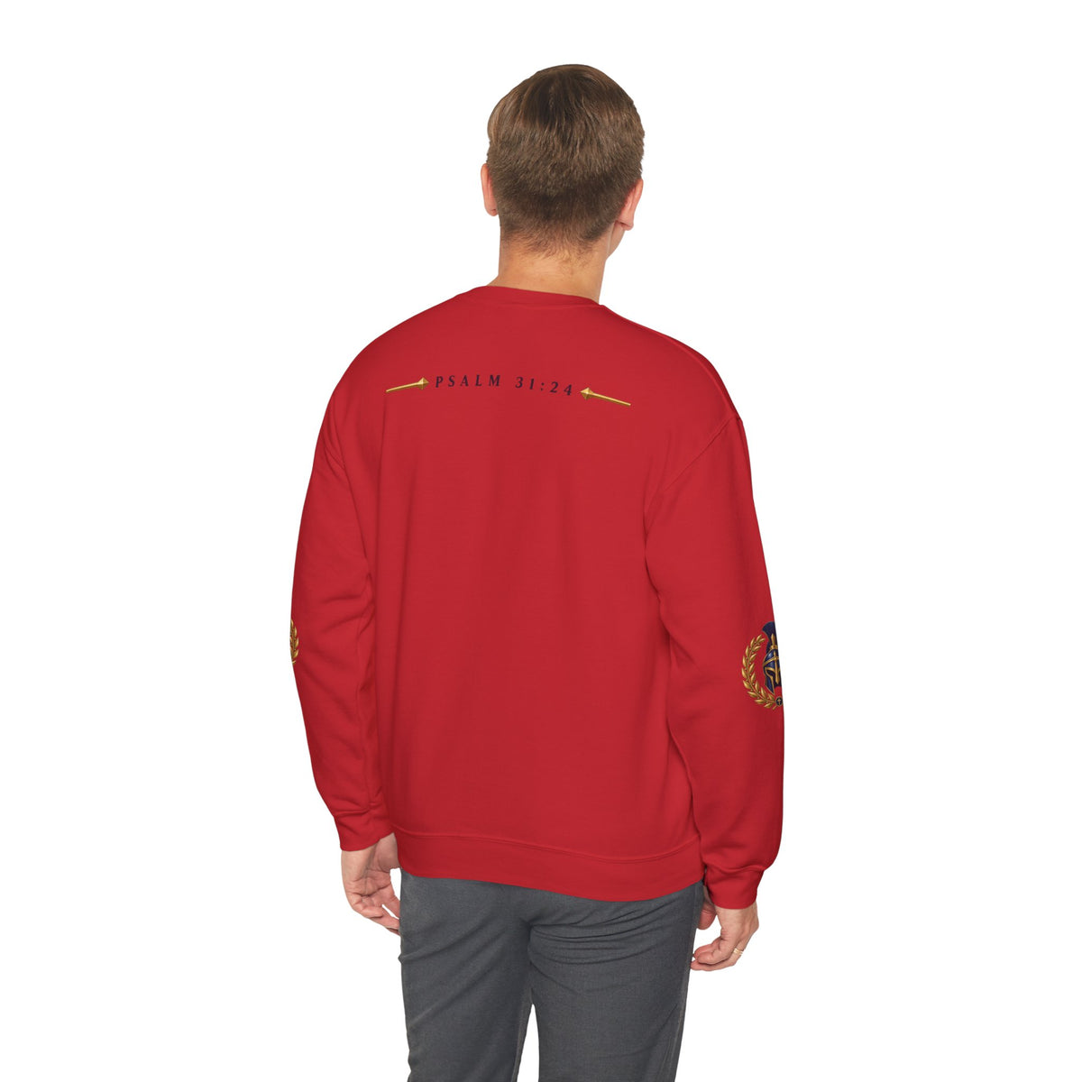 Crewneck Sweatshirt — "Be Strong and Take Heart" Psalm 31:24 Spartan Helmet Design