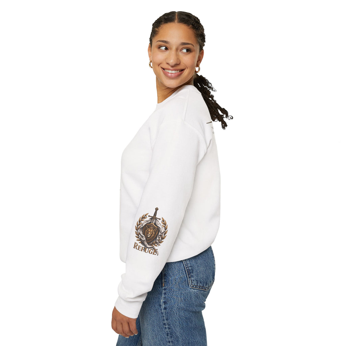Crewneck Sweatshirt — 'Refuge' Lion & Sword Psalm 91:4 Christian Pullover