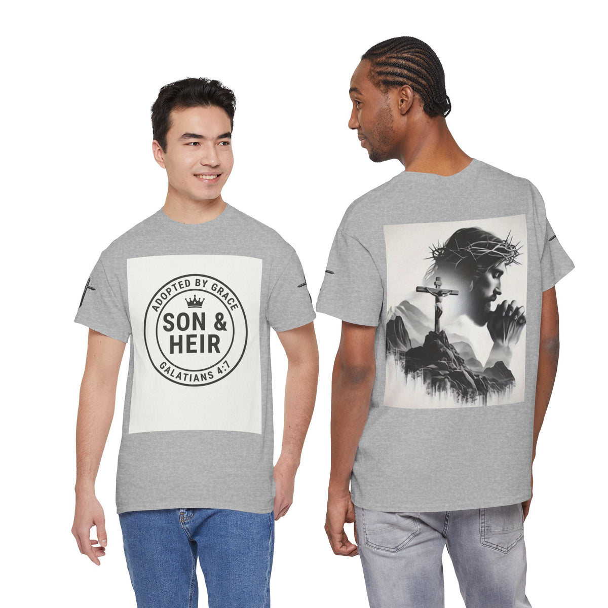 Christian Son & Heir T-Shirt — 'Adopted by Grace' Faith Tee with Jesus Prayer Design
