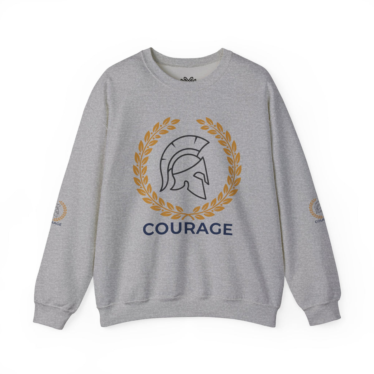 Courage Spartan Helmet Crewneck Sweatshirt — "Courage" with Laurel & Psalm 121:1-2