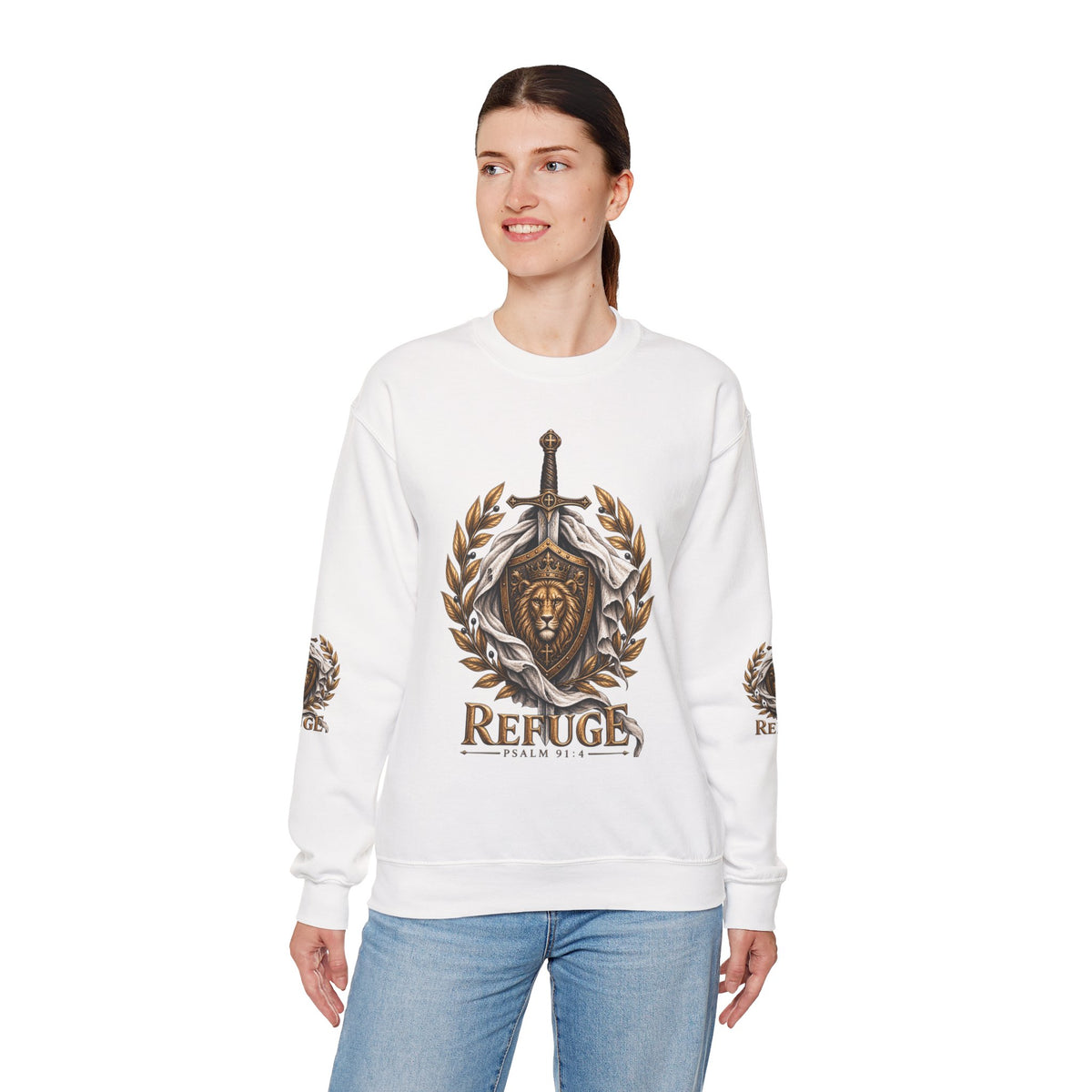 Crewneck Sweatshirt — 'Refuge' Lion & Sword Psalm 91:4 Christian Pullover