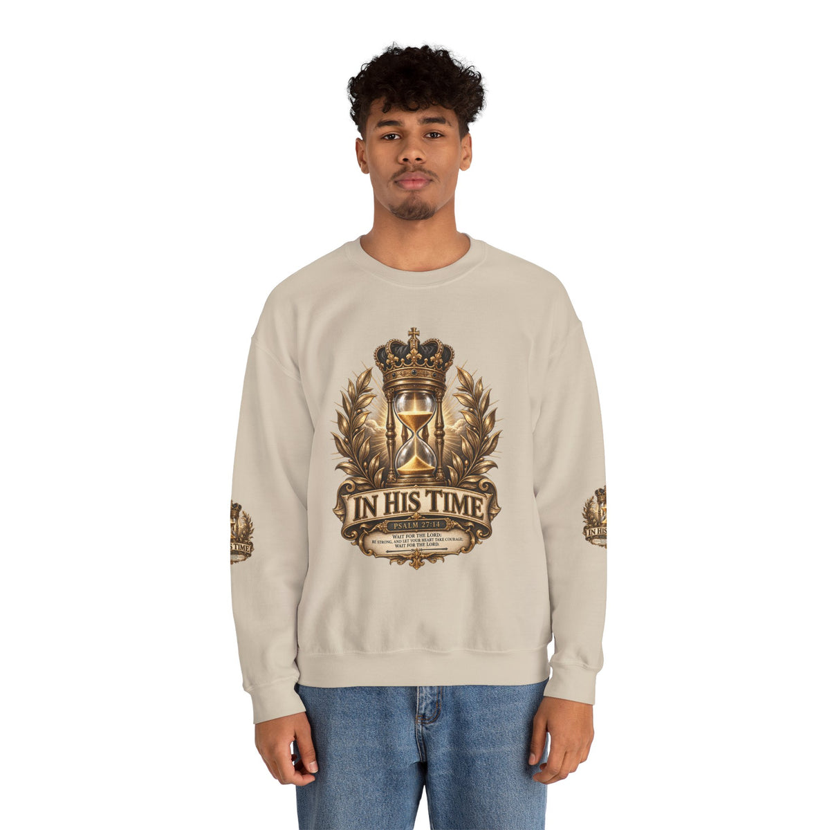 In His Time Crewneck Sweatshirt – Inspirational Christian Scripture Hourglass Design