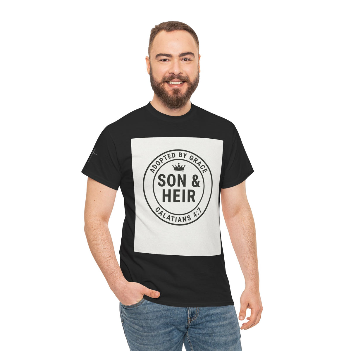 Christian Son & Heir T-Shirt — 'Adopted by Grace' Faith Tee with Jesus Prayer Design
