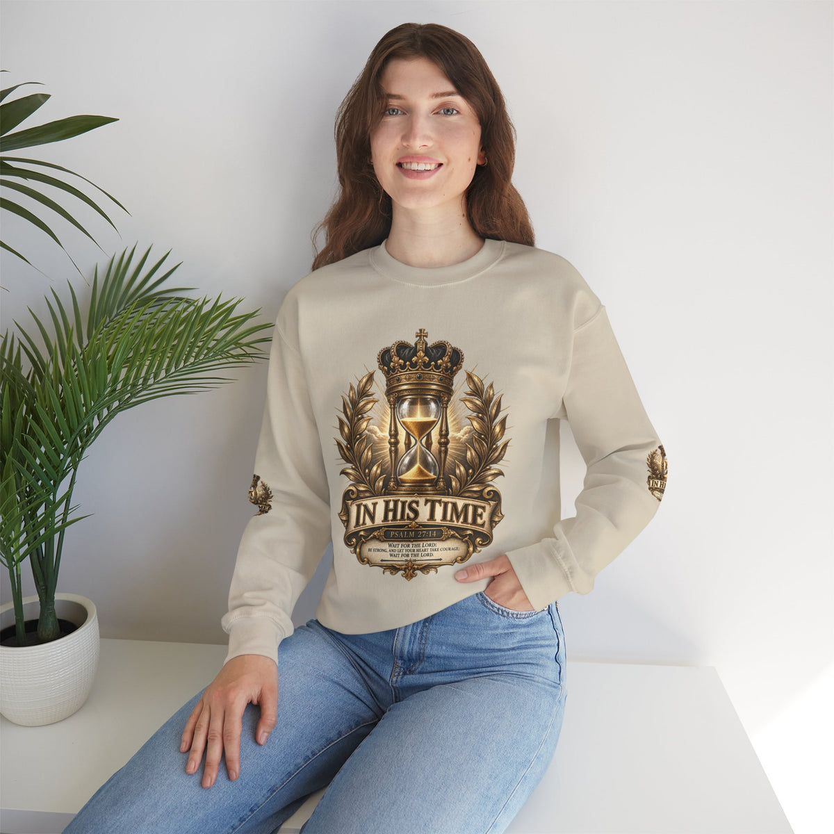 In His Time Crewneck Sweatshirt – Inspirational Christian Scripture Hourglass Design