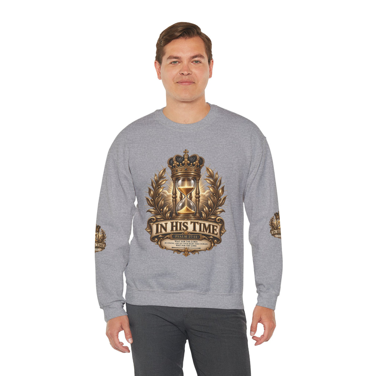In His Time Crewneck Sweatshirt – Inspirational Christian Scripture Hourglass Design