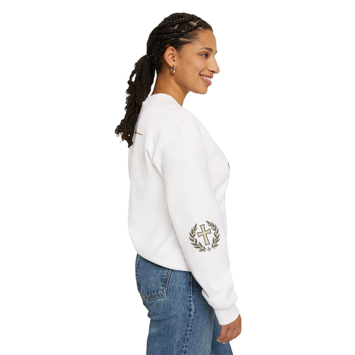 Crewneck Sweatshirt — "Be Still" Psalm 46:10 Christian Cross Design