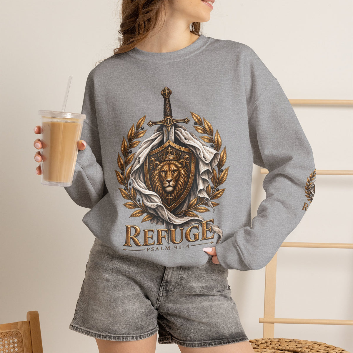 Crewneck Sweatshirt — 'Refuge' Lion & Sword Psalm 91:4 Christian Pullover