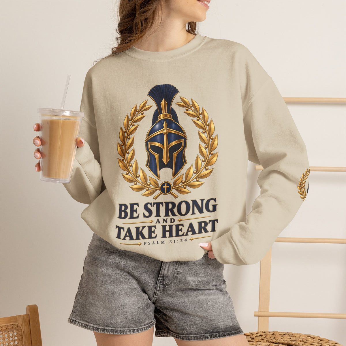 Crewneck Sweatshirt — "Be Strong and Take Heart" Psalm 31:24 Spartan Helmet Design