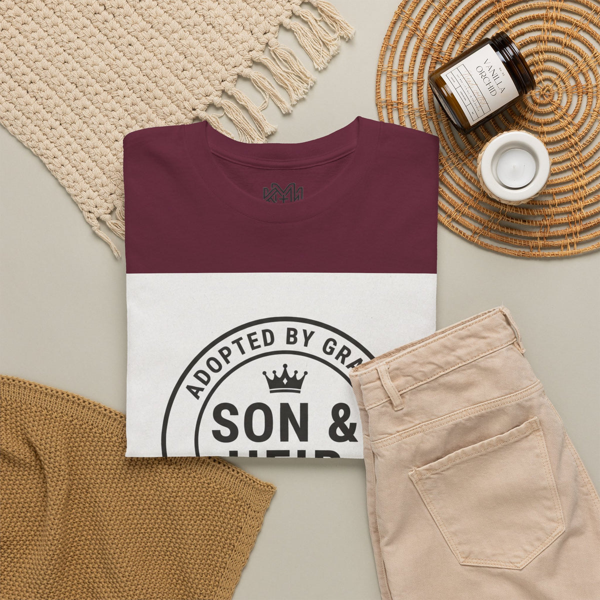 Christian Son & Heir T-Shirt — 'Adopted by Grace' Faith Tee with Jesus Prayer Design