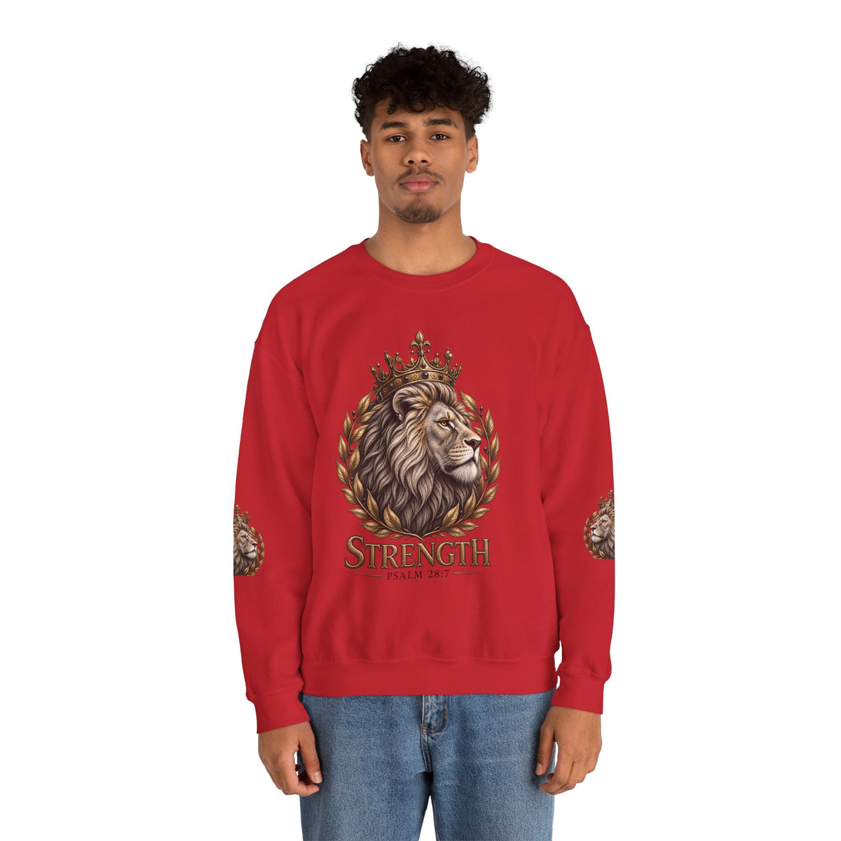 Strength Lion Crewneck Sweatshirt — Psalm 28:7 Inspirational Pullover