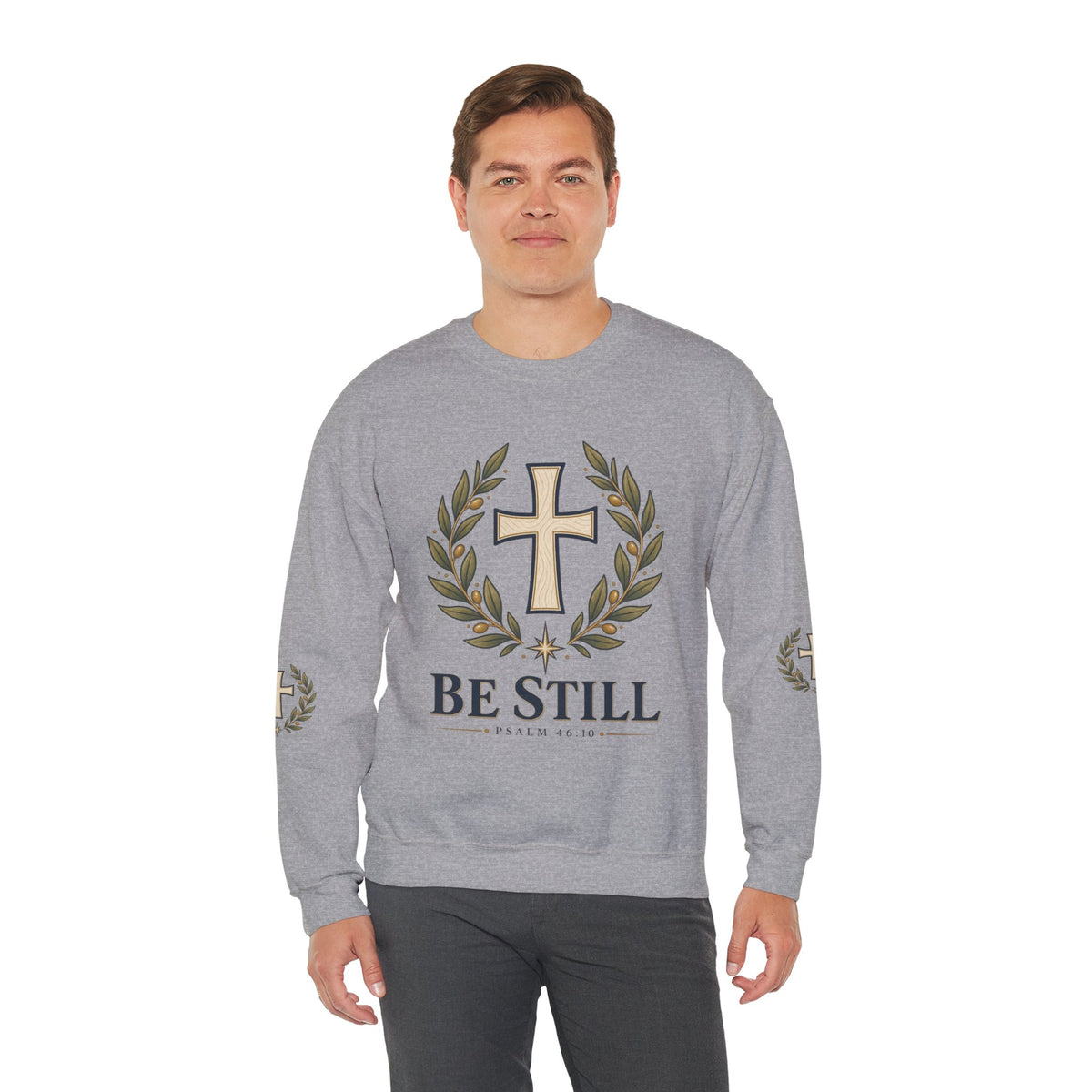 Crewneck Sweatshirt — "Be Still" Psalm 46:10 Christian Cross Design
