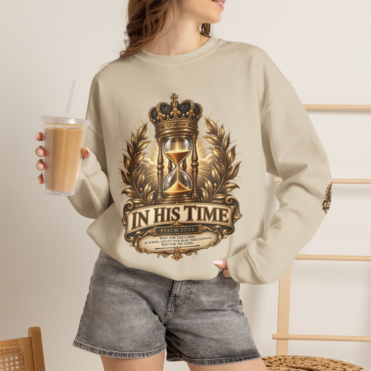 In His Time Crewneck Sweatshirt – Inspirational Christian Scripture Hourglass Design
