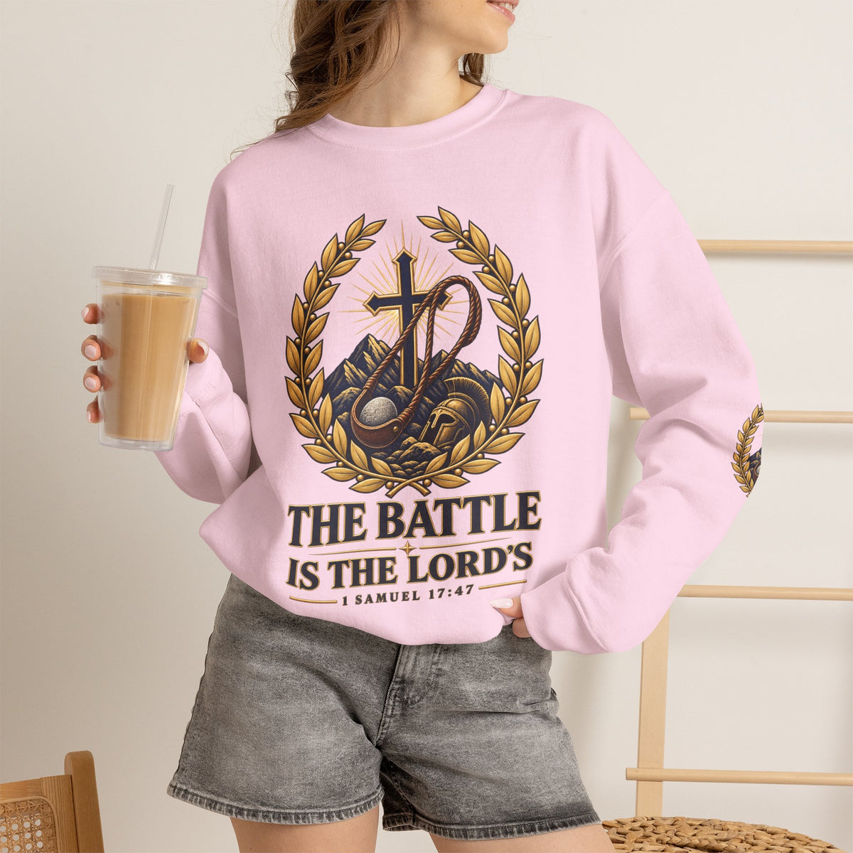 Religious Crewneck Sweatshirt — "The Battle Is The Lord's" (1 Samuel 17:47)