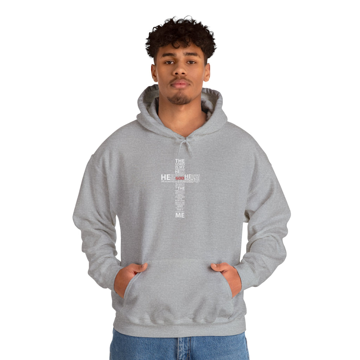 Christian Cross Hoodie - "He Renewed Me" Word Cloud Faith Sweatshirt