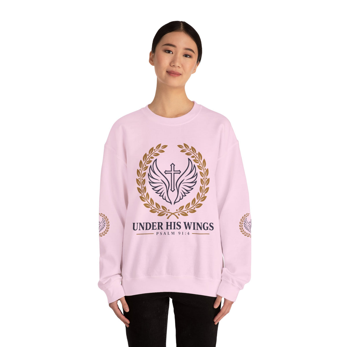 Religious Crewneck Sweatshirt – “Under His Wings” Psalm 91:4 Christian Pullover