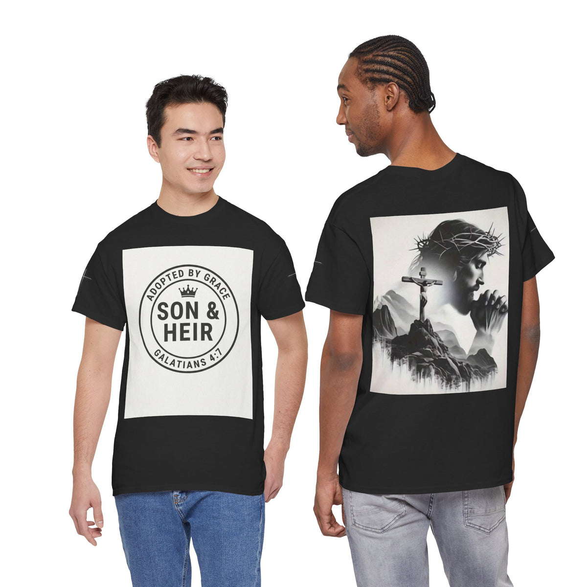 Christian Son & Heir T-Shirt — 'Adopted by Grace' Faith Tee with Jesus Prayer Design