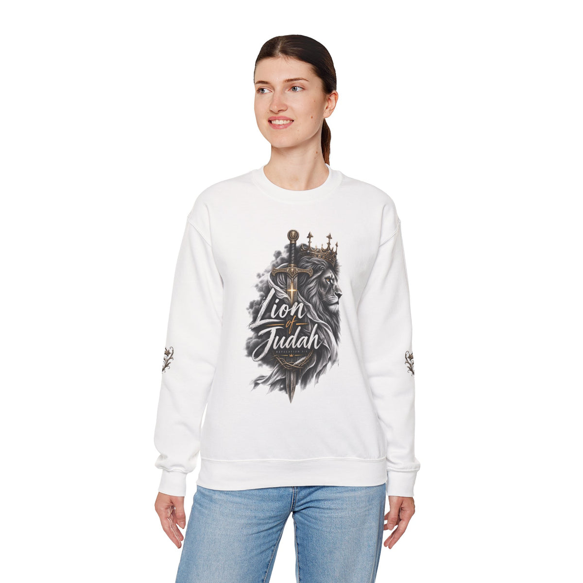 Lion of Judah Sweatshirt — Christian Lion Crewneck with Crown & Ichthys Back