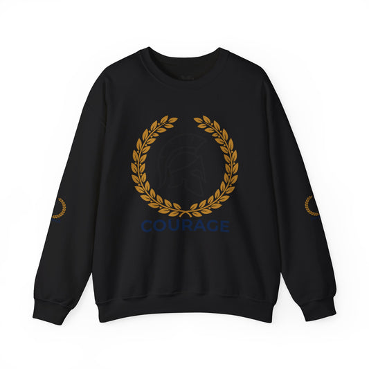 Courage Spartan Helmet Crewneck Sweatshirt — "Courage" with Laurel & Psalm 121:1-2