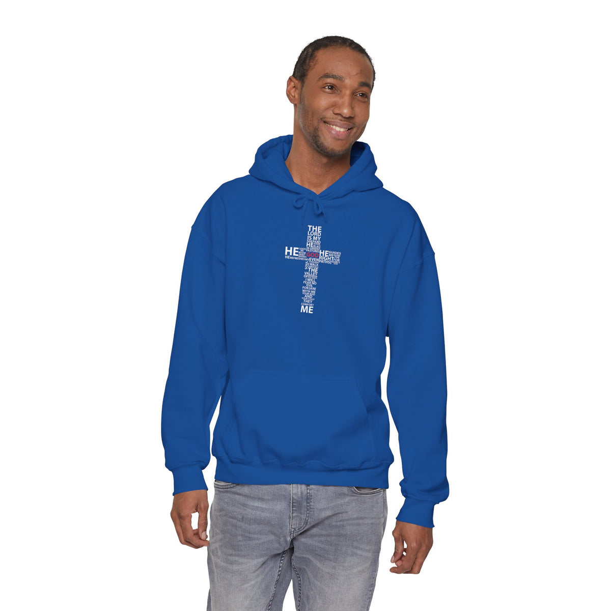 Christian Cross Hoodie - "He Renewed Me" Word Cloud Faith Sweatshirt