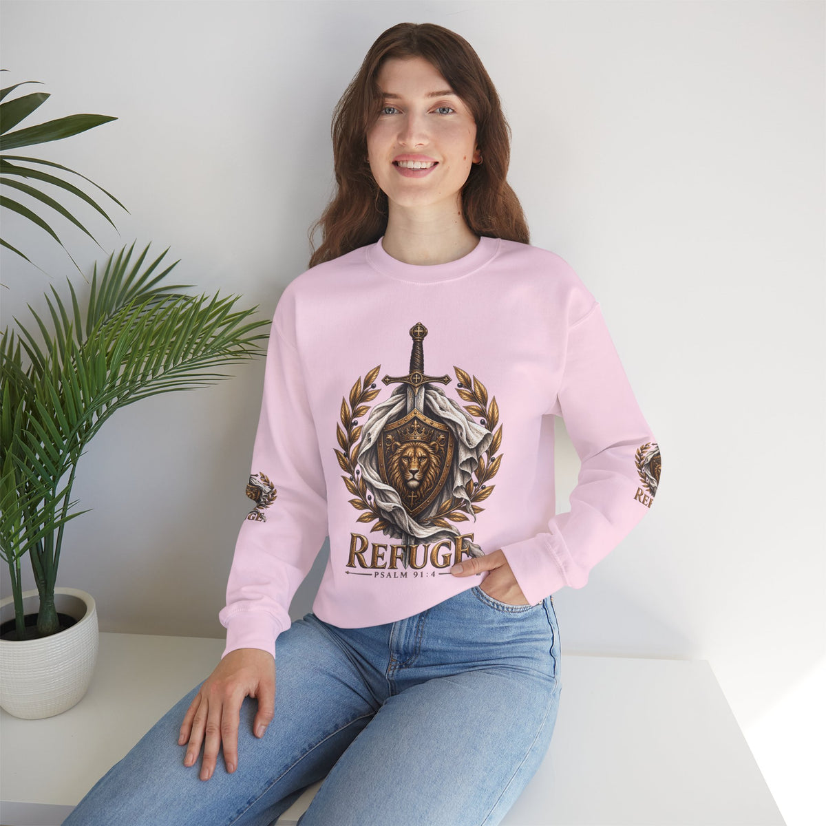 Crewneck Sweatshirt — 'Refuge' Lion & Sword Psalm 91:4 Christian Pullover