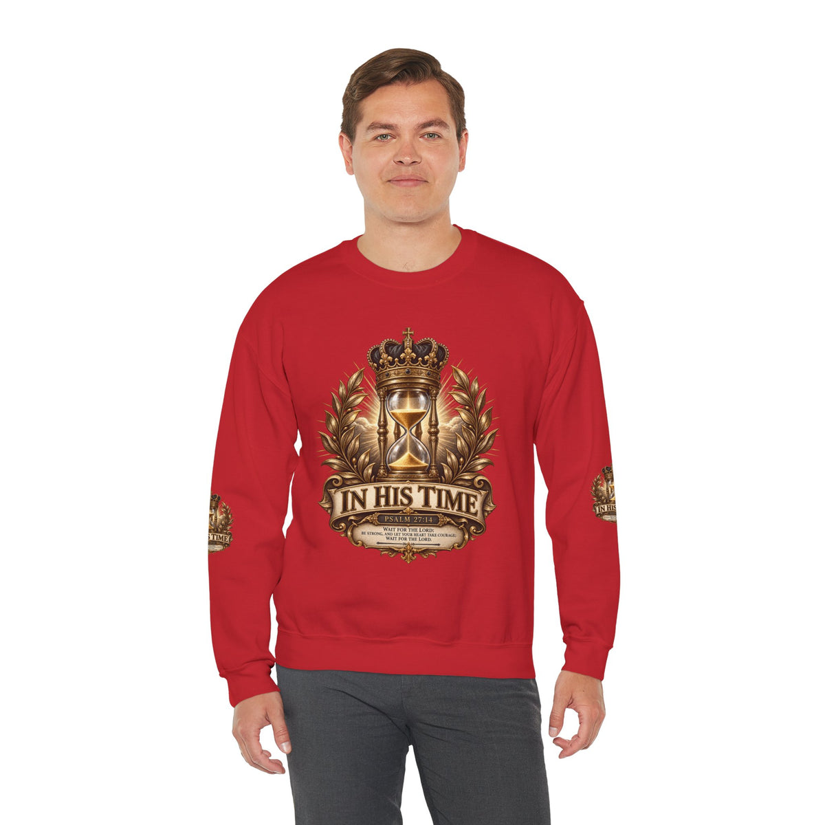 In His Time Crewneck Sweatshirt – Inspirational Christian Scripture Hourglass Design