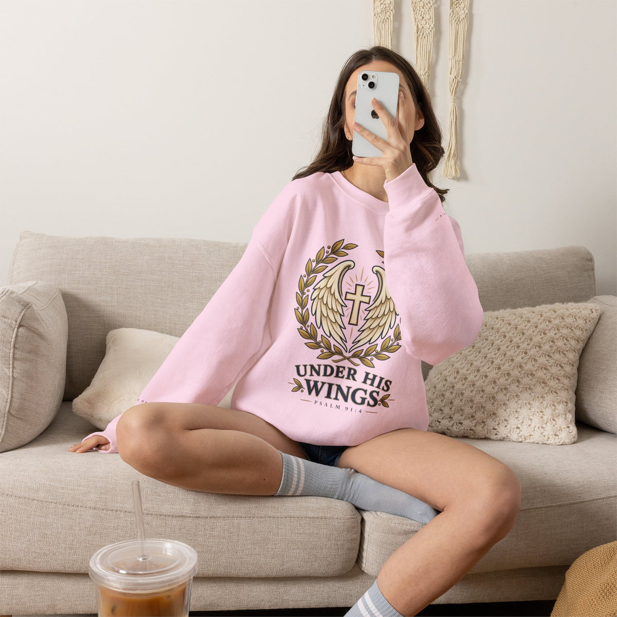 Under His Wings Crewneck Sweatshirt — Christian Cross & Angel Wings Psalm Design