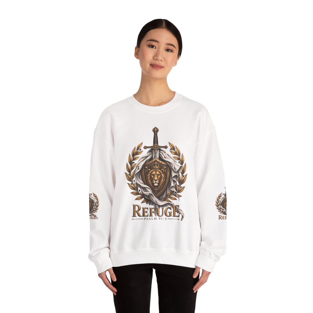Crewneck Sweatshirt — 'Refuge' Lion & Sword Psalm 91:4 Christian Pullover