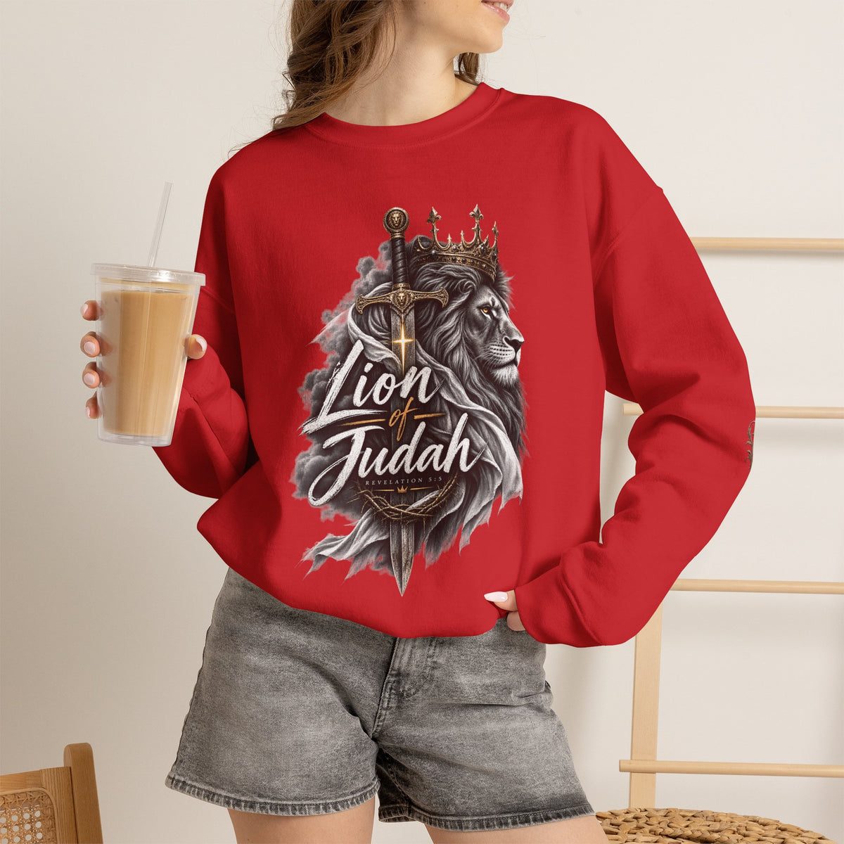 Lion of Judah Sweatshirt — Christian Lion Crewneck with Crown & Ichthys Back
